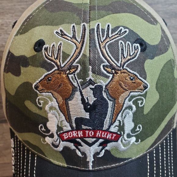 Born to Hunt Camo & Black Adjustable Hat Cap Hunting Deer Camouflage Green - Picture 3 of 11